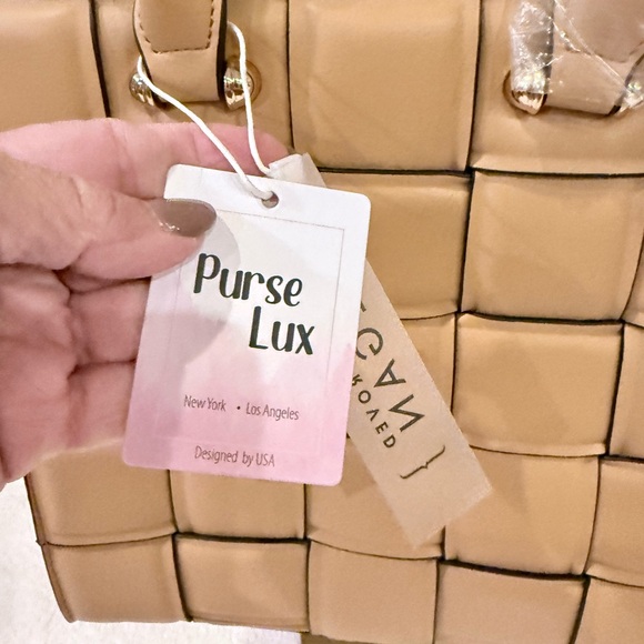 Vegan Leather Tan Woven Tote Bag with Crossbody Strap - Picture 3 of 12